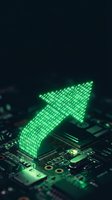 Green digital arrow made of binary code rising from computer circuit board representing growth, success, and technological advancement in business analytics.