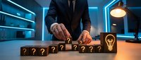 Professional businessman in dark suit arranging wooden blocks with question marks leading to lightbulb symbol representing problem-solving and innovation process.