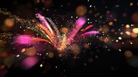 Vibrant pink and orange light burst with glowing particles and bokeh effects against dark background creates magical atmosphere for festive designs and celebrations.