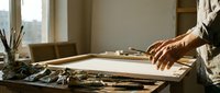 Artist's hands working on creative project at wooden desk with art supplies and natural window light for design and crafts.