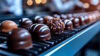 Assorted luxury chocolate truffles and pralines on dark conveyor belt with bokeh background. Artisanal confectionery production showcases variety of handmade bonbons.