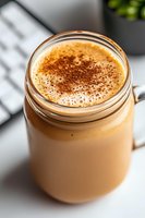 Creamy iced coffee drink topped with foam and cocoa powder in mason jar, photographed from above on white surface with natural lighting and soft shadows.