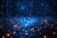 Digital network visualization with glowing blue and orange data streams flowing through cyberspace representing connectivity and technology infrastructure.