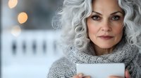 Mature Caucasian woman with silver curly hair holding a tablet, wearing a cozy gray sweater, serious expression, soft winter background.