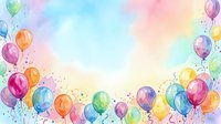 Colorful watercolor balloons with confetti scattered around white center space, suitable for party invitations, greeting cards, and celebration designs.