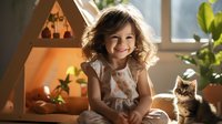 Cheerful Asian girl in white dress playing with fluffy kitten near cozy teepee tent with warm lighting. Indoor lifestyle portrait capturing childhood joy and pet companionship.