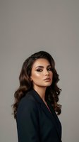 Professional businesswoman with wavy brown hair in dark blazer against neutral background for corporate branding and marketing materials.