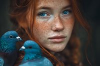 Young redhead woman with freckles and blue eyes holding colorful pigeon bird in intimate portrait showing connection between human and nature.