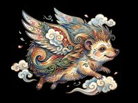 Ornate winged hedgehog with decorative swirls and clouds, isolated on transparent background. Ready for t-shirt design, stickers, sublimation, print-on-demand products and clipart use.