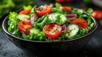 Fresh garden salad with cherry tomatoes, cucumber slices, red onion, and lettuce in black bowl. Healthy Mediterranean diet food seasoned with herbs.