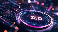 Digital SEO concept with glowing neon lights and network connections on dark background, futuristic technology visualization for search engine optimization.