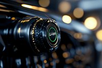 Professional camera lens with bokeh lights in background, photography equipment for creative projects and media production.