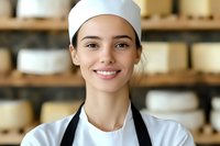 Young female chef in white uniform and hat smiling warmly at camera in professional kitchen with blurred shelving background. For hospitality and culinary industry.