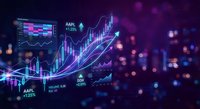 Financial market data visualization with glowing charts and trading analytics on dark background for investment presentations and business reports.