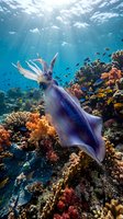 Cuttlefish swimming over vibrant coral reef with tropical fish in crystal clear blue ocean water with sunlight rays filtering through surface.