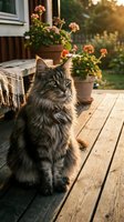 Fluffy tabby cat sitting on wooden deck during golden hour sunset with blooming flowers in background creating cozy outdoor living space atmosphere.