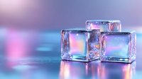 Glowing ice cubes with vibrant pink and blue neon reflections on wet surface against blurred background create modern minimalist composition with light effects.
