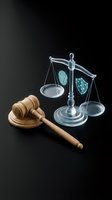 Digital justice concept with transparent scales balancing fingerprint and shield symbols beside wooden gavel on dark background for legal technology themes.