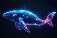 Luminous whale constellation glowing with blue and purple neon lights against dark starry background, digital art style with geometric wireframe effect.