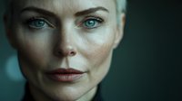 Close up portrait of mature Caucasian woman with striking blue eyes and subtle smile against dark background, dramatic lighting emphasizes natural beauty and facial features.