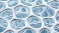 Macro view of transparent water drops or liquid bubbles forming geometric honeycomb pattern on white surface, abstract background for scientific concepts.