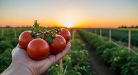 Fresh ripe tomatoes held in hand at sunset over agricultural field with green plants and support structures, showcasing harvest and farming.