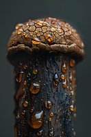 Detailed close-up of wet mushroom with water droplets on textured brown cap and dark stem against blurred background for nature photography.