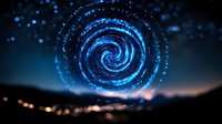 Glowing spiral vortex with blue particles and bokeh lights above night landscape, suitable for sci-fi, technology, and abstract digital backgrounds.