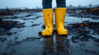 Yellow rubber boots standing in muddy puddle on wet ground during rainy weather conditions for outdoor activities and protection.