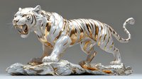 White tiger with golden stripes roaring in aggressive pose on rocky terrain, isolated on neutral background for wildlife and nature design projects.