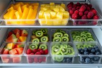 Assorted fresh fruit cut and arranged in clear plastic containers on refrigerator shelves, including mango, pineapple, raspberries, strawberries, kiwi and blueberries for meal prep.