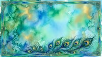 Watercolor peacock feathers with ornate frame in blue and green tones creating elegant decorative border design for luxury invitations and artistic projects.