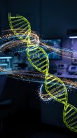 Glowing DNA double helix with sparkling light particles in modern laboratory setting for genetic research and biotechnology applications.