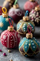 Festive ornaments with intricate designs in red, teal, and burgundy colors featuring glitter, gold accents, and decorative patterns for holiday decorating.