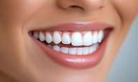 Close up of bright white healthy teeth and natural pink lips showing genuine smile. Dental care and oral hygiene concept for dentistry and cosmetic services.