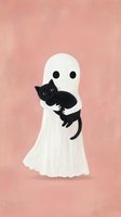 Cute ghost holding black cat on pink background, minimalist art style with textured brush strokes. Spooky yet adorable Halloween illustration for seasonal designs.