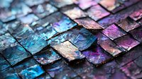Metallic roof tiles with iridescent color effect showing blue, purple, and pink hues in diagonal pattern, creating abstract architectural texture background.