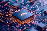 Microchip with VPN text on circuit board background with orange and blue light effects, digital security concept for network protection and privacy.