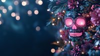Glowing pink sugar skull ornament on Christmas tree with purple flowers and bokeh lights creating magical holiday atmosphere against dark blue background.