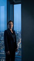 Professional businesswoman in dark suit standing by floor-to-ceiling windows overlooking illuminated city skyline at dusk for corporate leadership concepts.