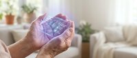 Senior hands holding transparent smartphone displaying health app interface in modern living room with smart home technology integration.