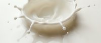 Splashing milk or cream with droplets suspended in motion against neutral background, suitable for dairy product advertising and beverage packaging design.
