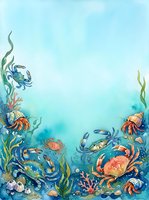 Watercolor underwater scene with colorful crabs, seaweed and marine life creating decorative border frame on aqua blue background for ocean themed designs.