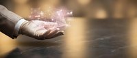 Young professional woman's hand holding glowing digital data and light particles, representing technology, innovation, and business solutions for corporate presentations.