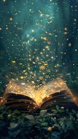 Open book with magical golden light and floating leaves creating enchanted storytelling atmosphere for fantasy literature and education concepts.