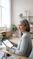 Mature Asian woman with gray hair using tablet computer in modern home office, smiling while working remotely in bright minimalist interior space.