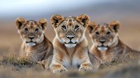 Three young lionesses resting together in savanna grassland, front view portrait of wild African cats with focused gaze and alert expressions in natural habitat.
