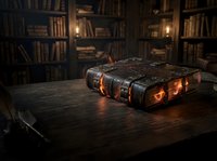 Antique leather-bound book with glowing pages on wooden desk in dark library setting with bookshelves and warm lighting for fantasy, mystery, and education concepts.