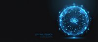 Futuristic digital search interface with glowing blue circular HUD display and network connections on dark background for tech presentations.