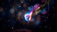 Colorful smoke swirls rising from glowing source against dark starry background with bokeh lights creating mystical atmospheric effect.